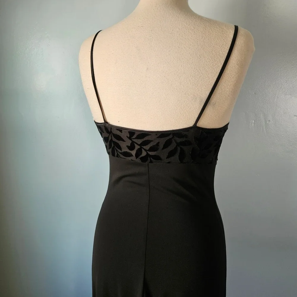Vtg 90s Byer Too Black Burnout Velvet Leaf Maxi Dress Spaghetti Strap Medium USA